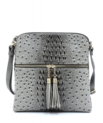 Ostrich Croc Zip Tassel Crossbody Bag OS062 GRAY